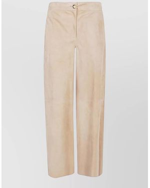 Via Masini 80 Suede Leather High Waist Wide Leg Trousers - Natural