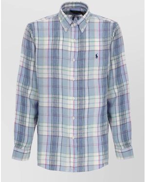 Ralph Lauren Linen Tartan Long Sleeve Button Down Shirt - Blue