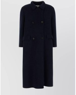 Miu Miu Double-Breasted Wool Blend Coat Featuring Pockets - Blue