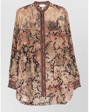 Pierre Louis Mascia Silk Shirt Floral Print Band Collar - Brown