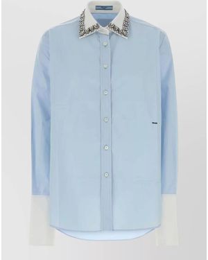 Prada Poplin Shirt Contrasting Collar Embellished Cuffs - Blue