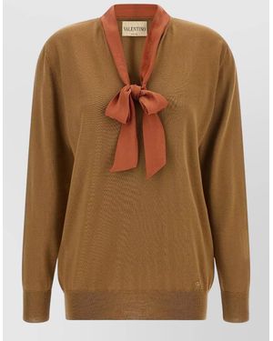 Valentino Garavani Cashmere V-Neck Ribbed Hem Long-Sleeve Jumper - Brown