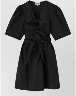 Ganni Organic Cotton V-Neck Short-Sleeve Belted Mini Dress - Black