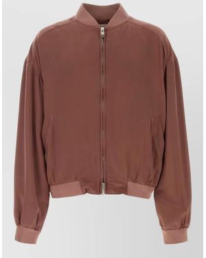 Versace Silk Bomber Jacket Long Sleeves Ribbed Trims - Brown