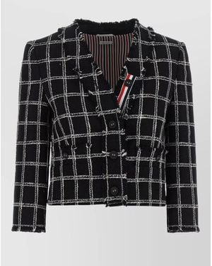 Thom Browne Tweed Blazer Checked Pattern Frayed Edges - Black