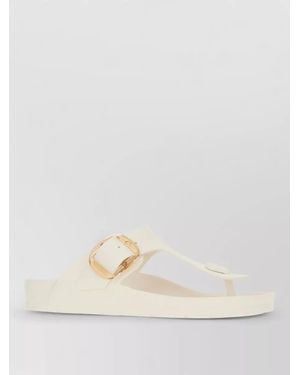 Birkenstock Slide Sandals Flat Sole Large Buckle - Natural