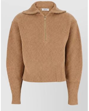 Max Mara Cashmere Wool Ruffled High-Neck Oversized Sweatshirt - Natural