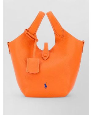 Polo Ralph Lauren Leather Tote Bag Pebbled Texture Top Handle - Orange