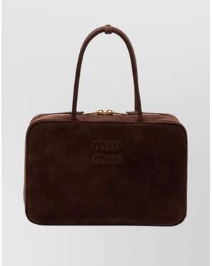 Miu Miu Rectangular Suede Tote Bag Top Handles - Brown