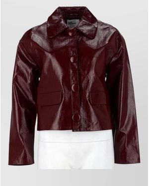 Self-Portrait Cropped Coat Glossy Finish Notched Collar - Red