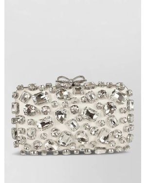 Self-Portrait Satin Crystal Clutch Bag Bow Chain - Gray