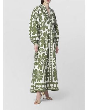 FARM Rio Long Dress Balloon Sleeves Floral Pattern - Green