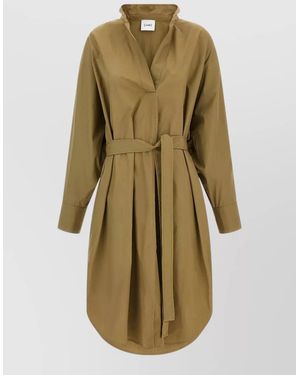 Nude Shirt Dress Belted Waist Button Cuffs - Green