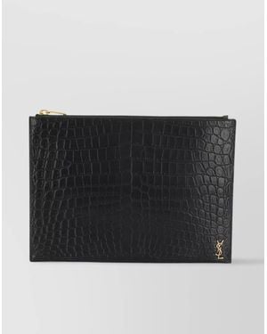 Saint Laurent Crocodile Embossed Leather Clutch Bag - Black