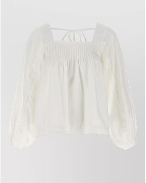 FARM Rio Cotton Blouse Square Neckline Ruffle Long Sleeves - White