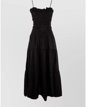 Michael Kors Midi Dress Smocked Bodice Spaghetti Straps Tiered Skirt - Black