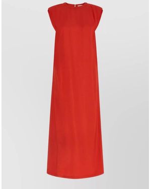 Nude Sleeveless Dress Round Neckline Side Slit - Red