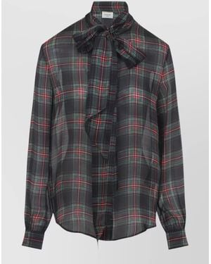 Saint Laurent Plaid Shirt Long Sleeves Collared Neck Bow - Grey