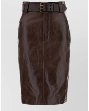 Saint Laurent Leather High-Rise Midi Pencil Skirt - Brown