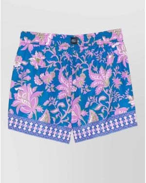 Etro Swim Shorts Floral Trim Elastic Waistband Pockets - Blue