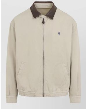 Prada Cotton Hybrid Jacket Leather Collar Hem - Natural