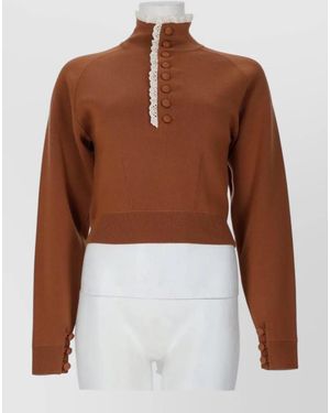 Chloé Wool Knit Mock Neck Lace Pullover - Brown