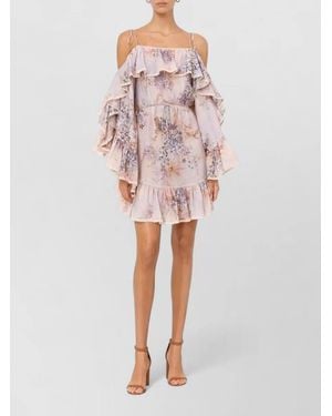 Zimmermann Mini Dress Ruffles Floral Off Shoulder - Pink