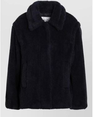 Max Mara Collared Jacket Faux Fur Texture Pockets - Black