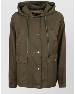 Herno Hooded Padded Jacket Drawstring Long Sleeves Pockets - Green