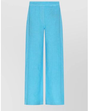 120% Lino Linen Pants Wide Leg Seam Detailing - Blue