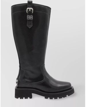 Ganni Buckle Knee-High Leather Lug Round Boots - Black