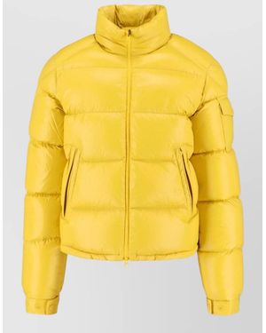 Moncler High Collar Padded Jacket Side Zip Pockets - Yellow