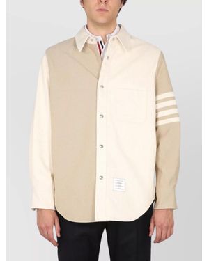 Thom Browne Striped Sleeve Denim Jacket With Chest Pocket - Natural
