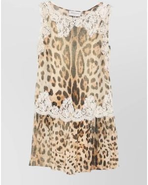 ERMANNO FIRENZE Sleeveless Dress Leopard Print Lace Trim - Natural