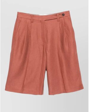 Brunello Cucinelli Linen Shorts Pleated Design Belt Loops Pockets - Red