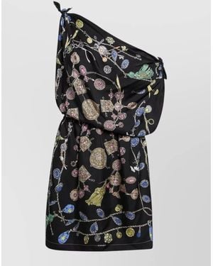 Versace One Shoulder Draped Printed Knee Length Dress - Black