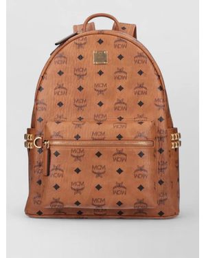 MCM Backpack Studded Front Zip Pocket Adjustable Straps - Brown