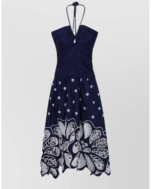 FARM Rio Sleeveless Midi Dress Halter Neck Embroidery - Blue