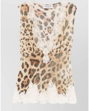 ERMANNO FIRENZE Animal Print Lace Trim Sleeveless V Neck Top - Natural
