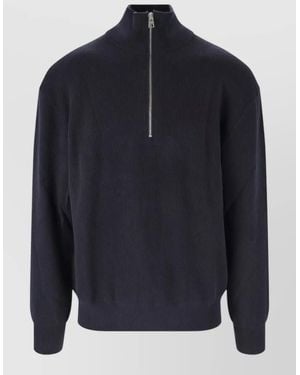 Closed High Collar Long Sleeve Ribbed Top - Blue