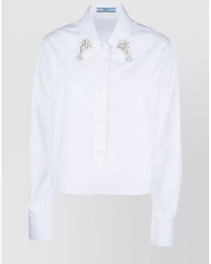 Prada Embellished Collared Neck Long Sleeves Top - White