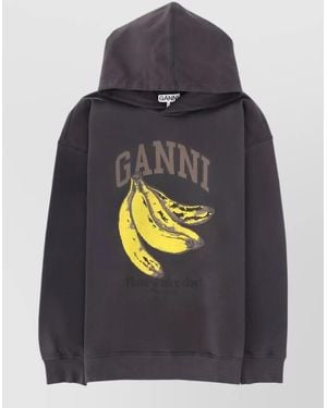 Ganni Hoodie Graphic Print Hood Long Sleeves - Grey