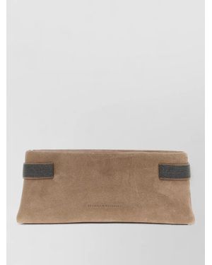 Brunello Cucinelli Essence Rectangular Suede Pouch Top Handle - Natural