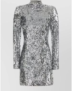 Balmain High Neck Sequin Mini Dress Long Sleeves - Gray