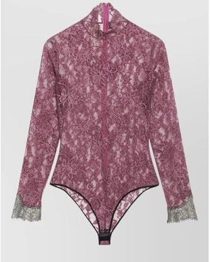 Valentino Lace Bodysuit Top Sheer Floral Pattern - Purple