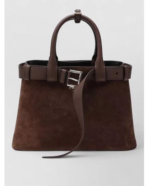 Prada Tote Bag Buckle Detail Structured Shape Suede - Brown