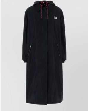 Miu Miu Long Hooded Trench Coat Zip Pockets - Black