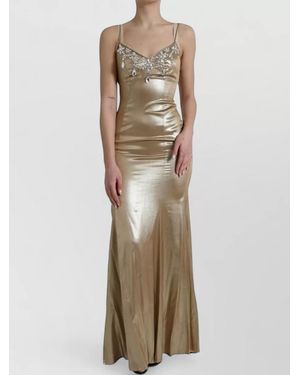 Dolce & Gabbana Crystal Embellished Bodycon Spaghetti Strap Gown - Natural