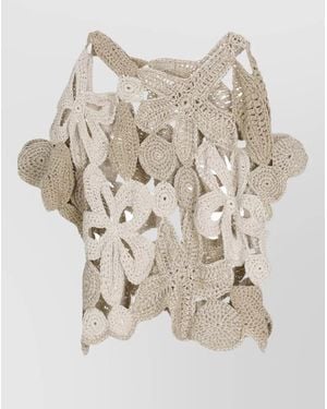 Antonelli Crochet Linen Blend Top Round Neckline - Natural