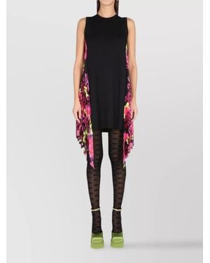 Versace Asymmetric Hem Floral Print Pleated Chiffon Dress - Black